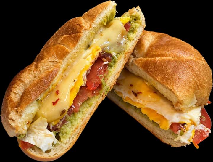 Breakfast sandwich cut in half to show egg, tomato and melted cheese
