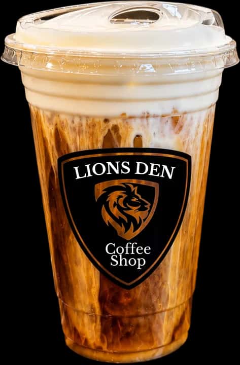 Iced coffee topped with cold foam in a Lions Den Coffee Shop cup